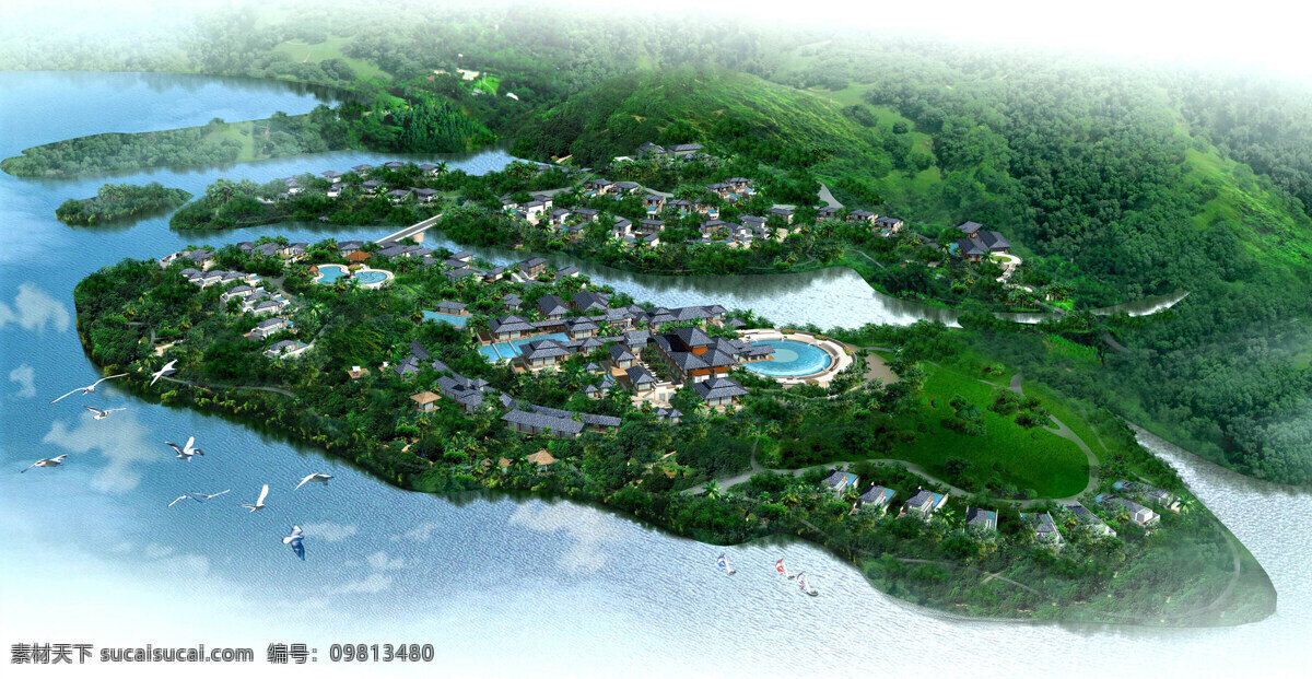 湖边 别墅 景观设计 草地 大海 房屋 飞鸟 环境设计 建筑物 山峰 树木 云雾效果 装饰素材 园林景观设计