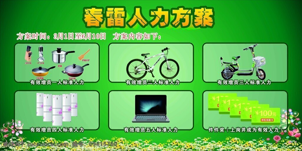 春雷人力方案 奖品 话费 电动车 自行车 笔记本电脑 绿色