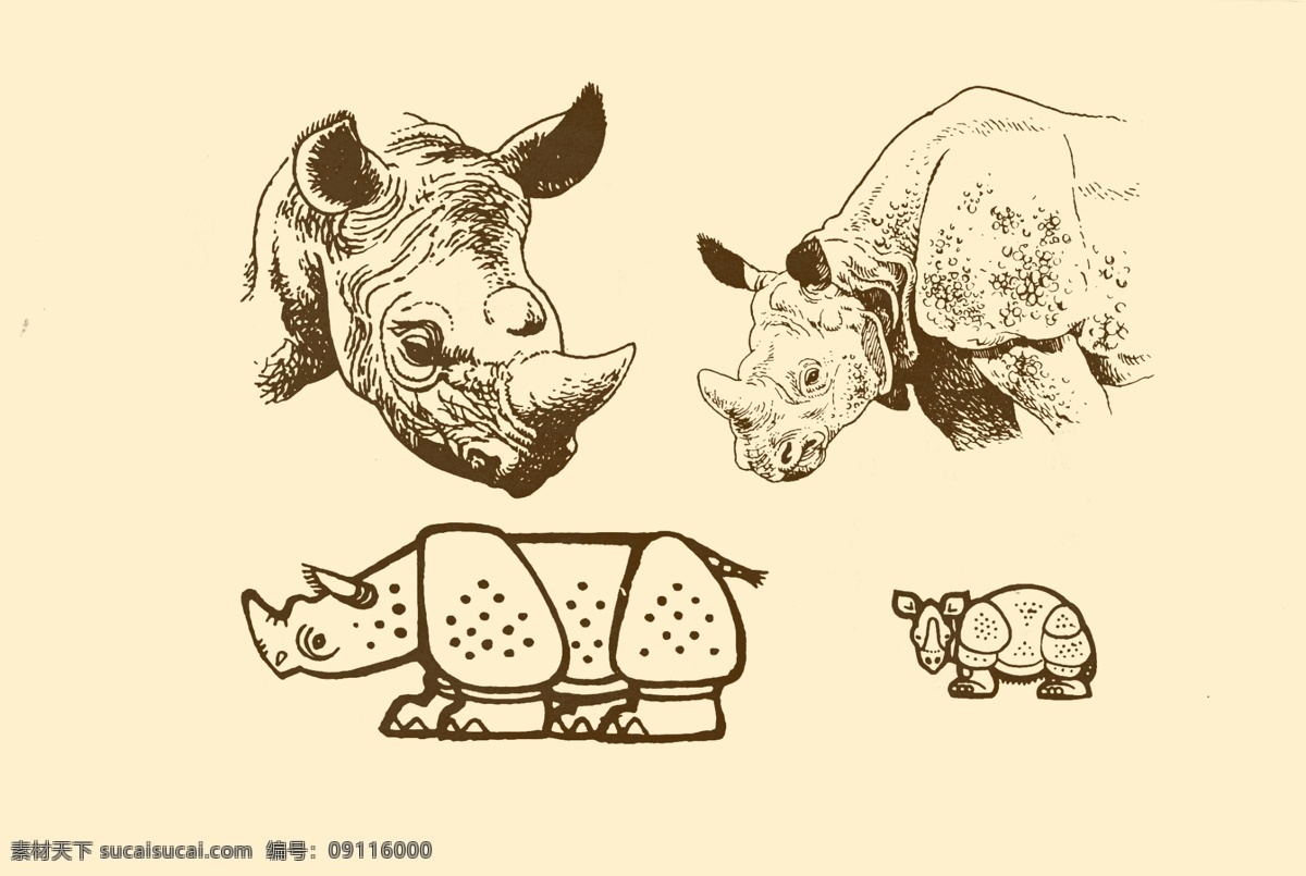 动物图案 犀牛 卡通 动物 纹样 图案 白描 简笔画 儿童画 独角兽 分层 源文件