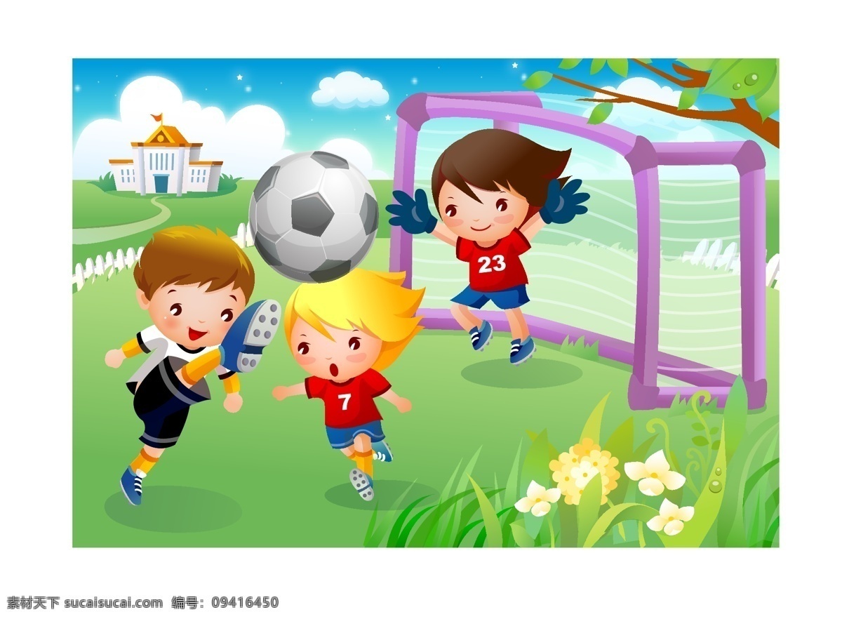 儿童 足球 运动 花 绿地 运动员 球框 矢量图 其他矢量图