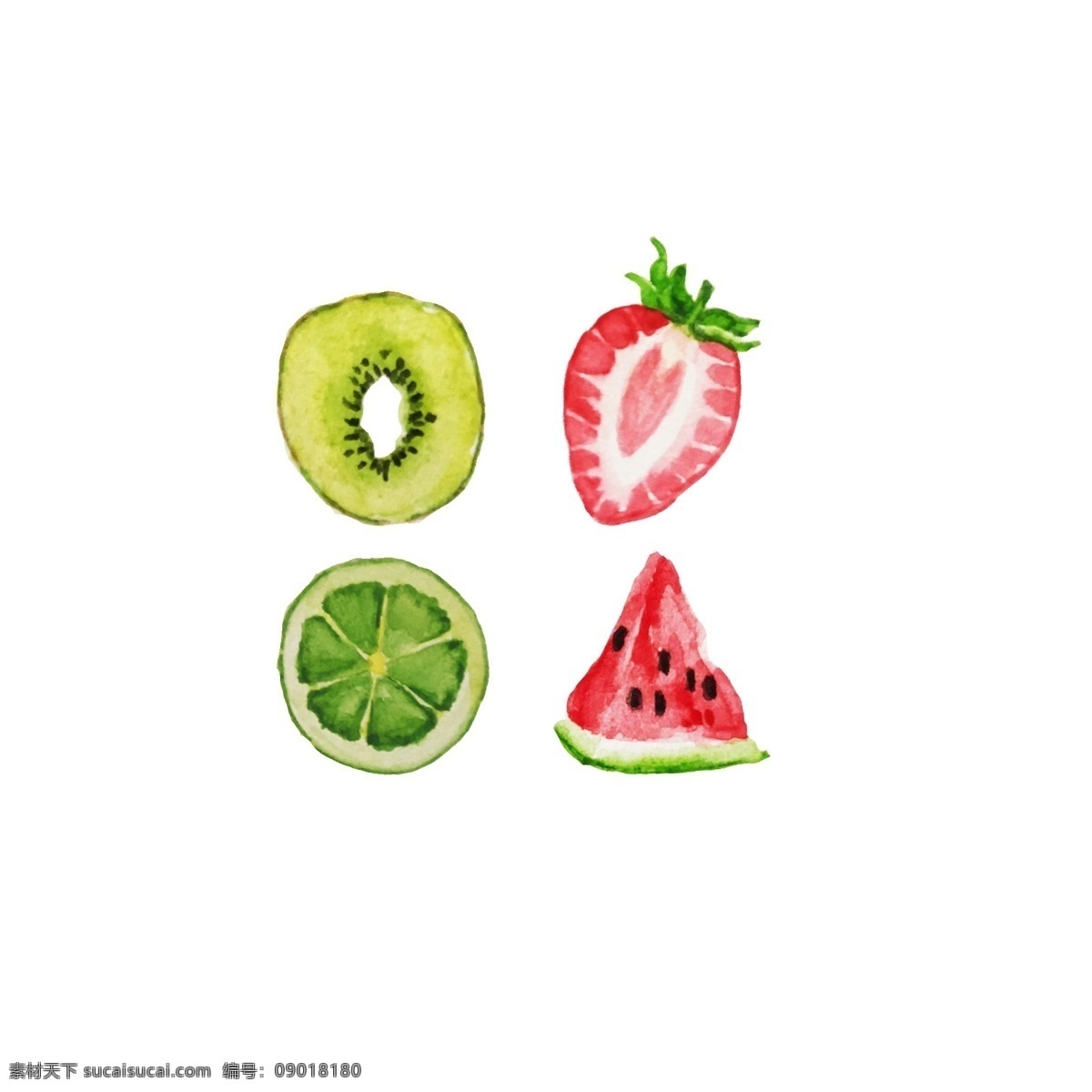 手绘 风 各种 水果 切面 商用 水彩 草莓 柠檬 西瓜 猕猴桃