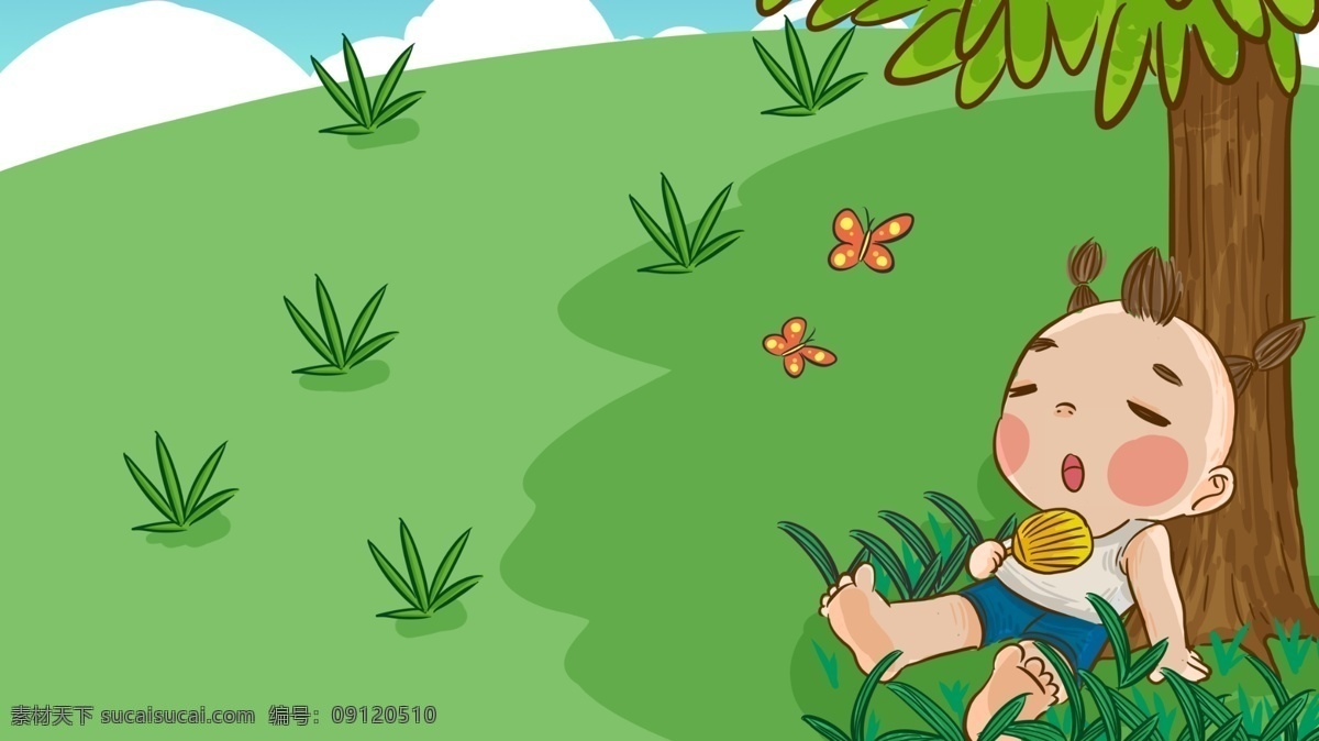 夏日 孩童 草地 上 树荫 下 乘凉 手绘 原创 插画 小孩 绿色 可爱 树荫下 扇子