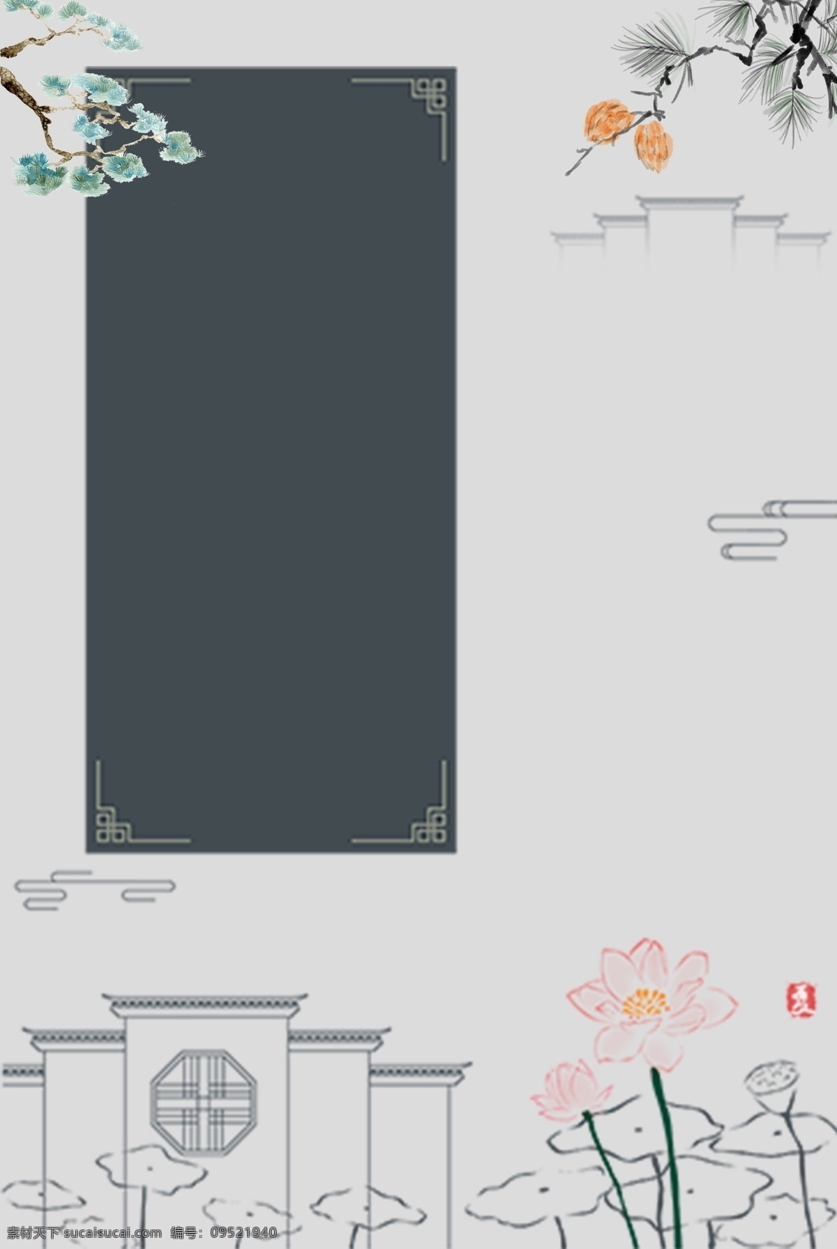 建筑 灰色 文艺 海报 banner 背景 荷花 灰色背景 psd源文件 淘宝 天猫 海报背景 山水