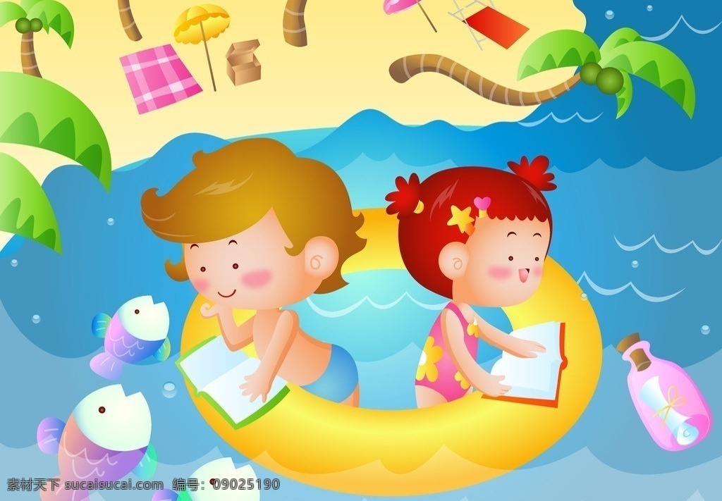 卡通小孩 游泳 看书 鱼 许愿瓶 海 沙滩 椰树 自然风景 自然景观 矢量