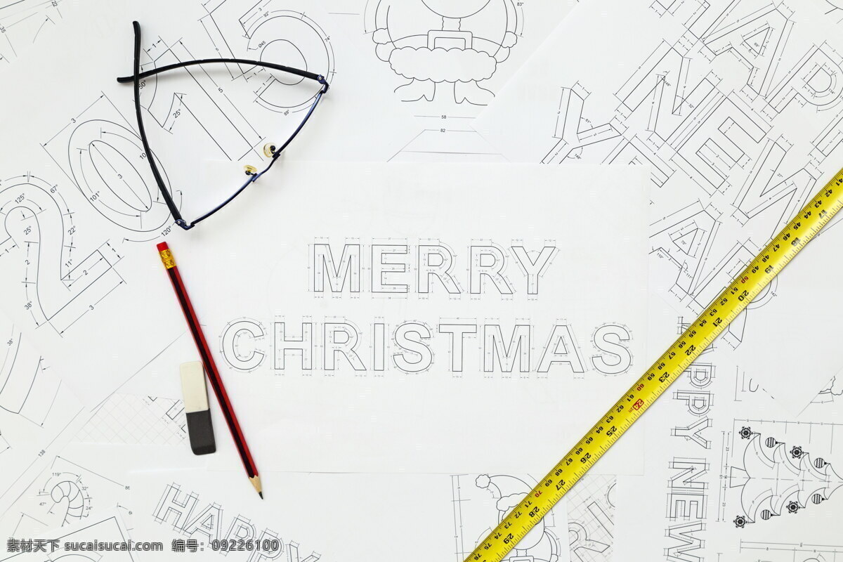 放在 图纸 上 面的 眼镜 新年手绘 绘图 手绘 素描 彩色铅笔 节日庆典 生活百科 白色