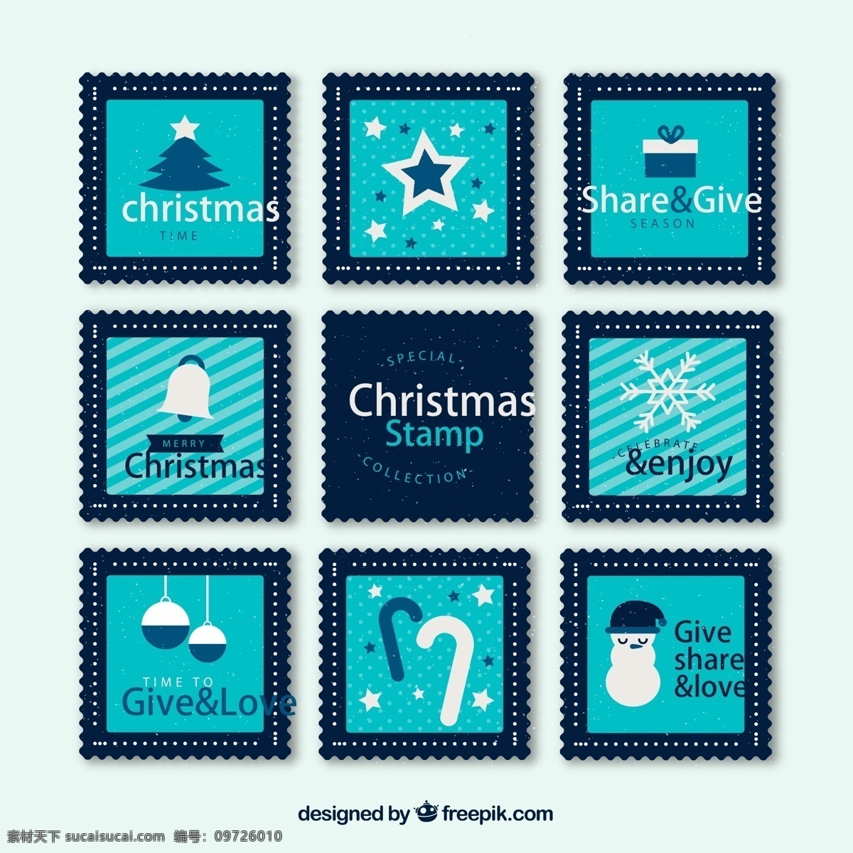 蓝色 圣诞节 邮票 铃铛 雪人 星星 矢量 高清图片