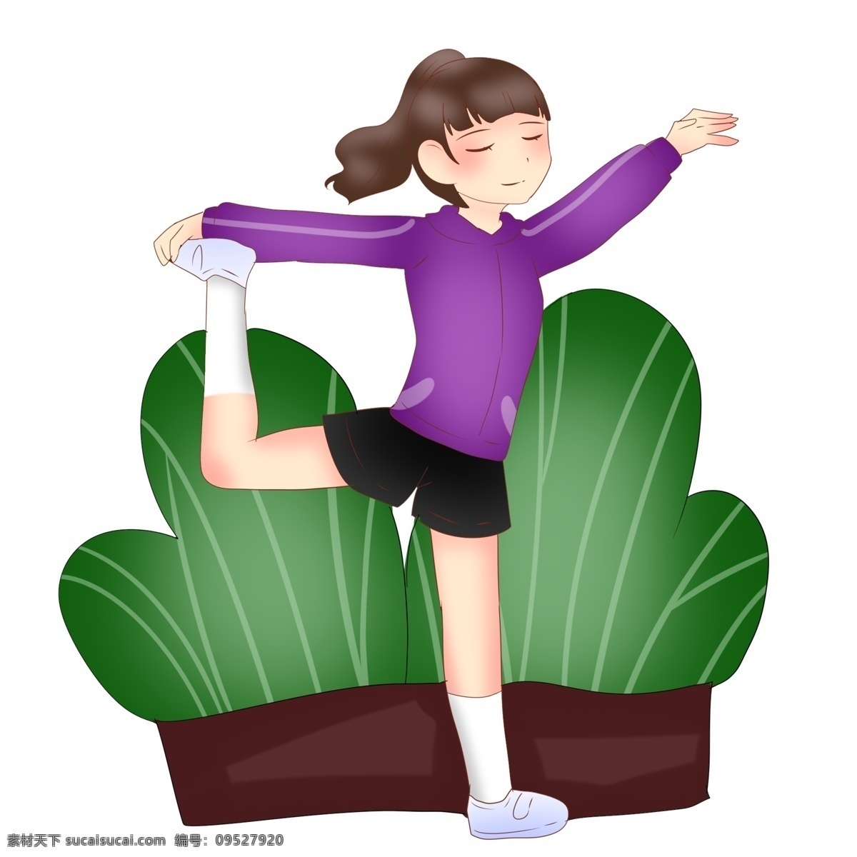 体操 健身 小女孩 健身运动插画 体操健身 健身的小女孩 绿色的盆栽 漂亮的小女孩 卡通人物