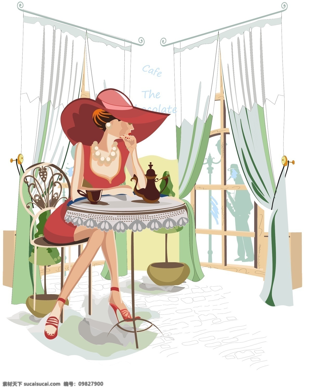 手绘 时尚休闲 女人 插画 人物 咖啡 时尚 休闲 咖啡厅 帽子