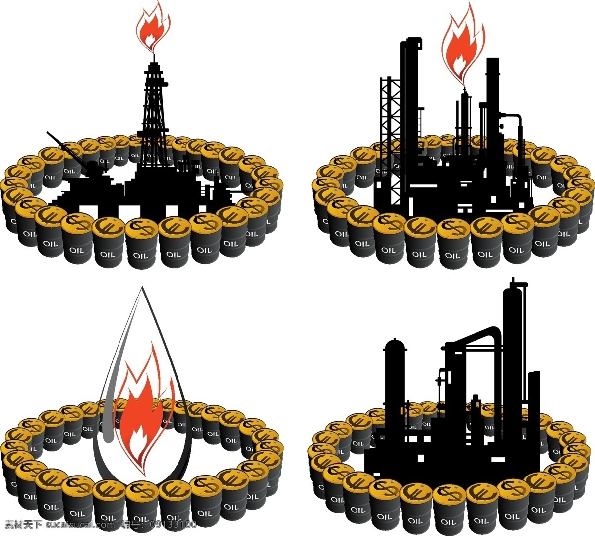 油桶与工厂 游泳 工厂 火焰 火苗 工业 石油 生活百科 矢量素材 白色