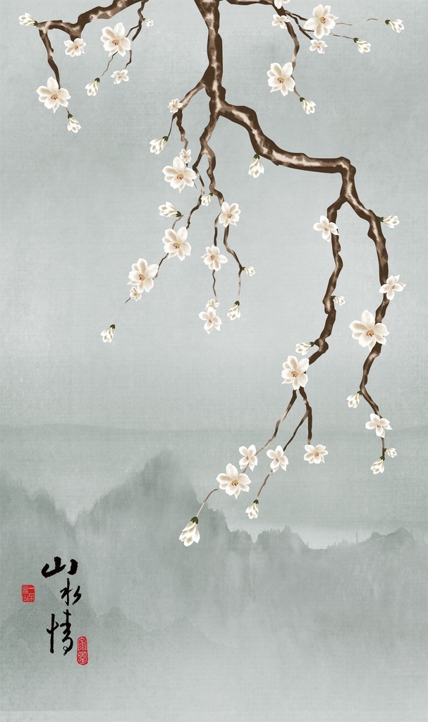 新中式装饰画 花鸟 山脉 山水情 手绘