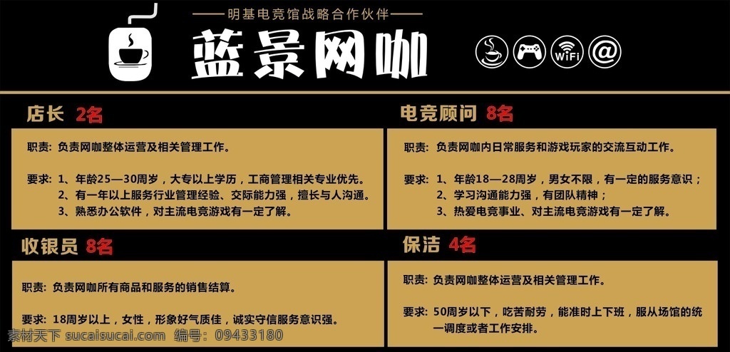 网咖招聘海报 网咖 网吧 电竞馆 招聘 简约 海报 展板模板