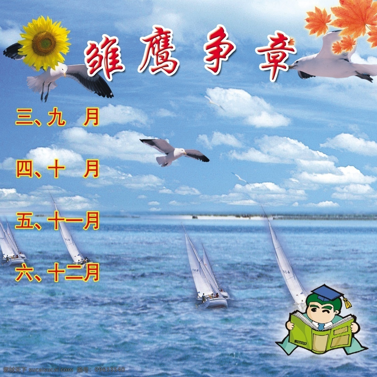 雏鹰争章 海洋 卡通 向日葵 枫叶 青色 天蓝色