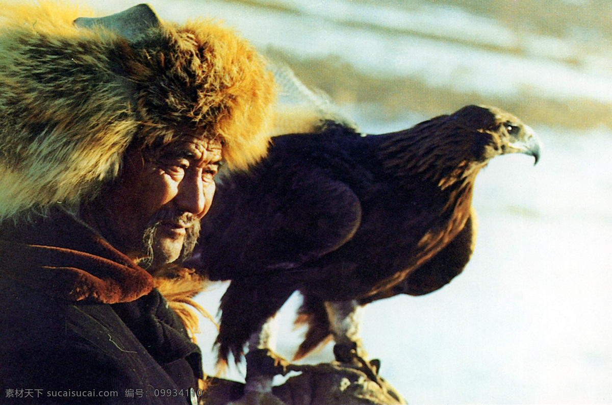 哈萨克族猎人 老猎人 凶猛的猎鹰 人物图库 老年人物 摄影图库