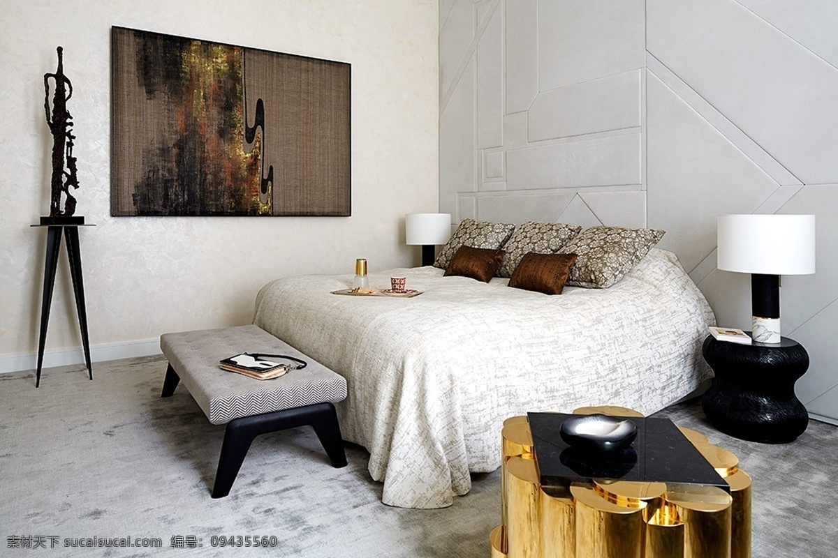 现代 极 简 卧室 白色 棉被 室内装修 效果图 灰色地板 白色墙面 卧室装修 木制茶几