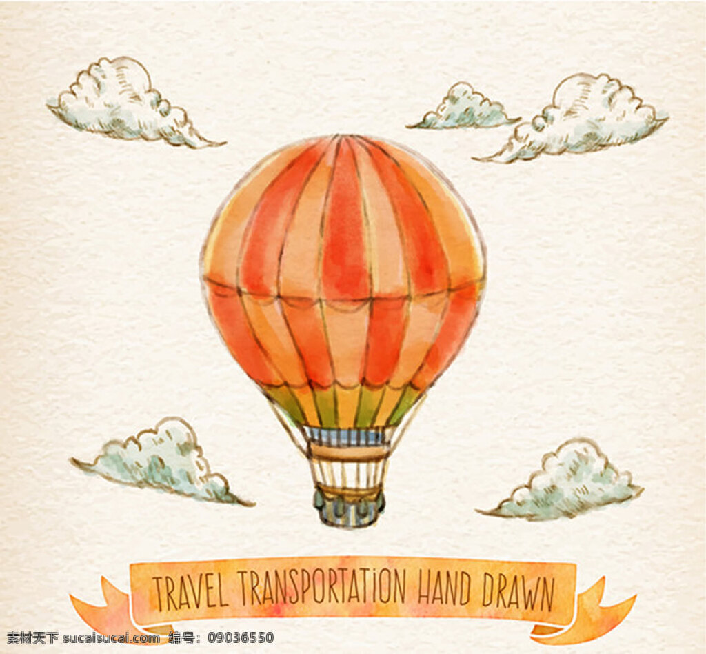 橙色 热气球 插画 交通工具 橙色热气球 手绘热气球 丝带 条幅 云朵 手绘画 白色