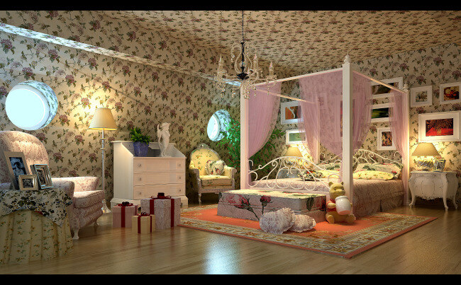 唯美 公主 卧室 浪漫 温馨 公主房 3d模型素材 室内装饰模型