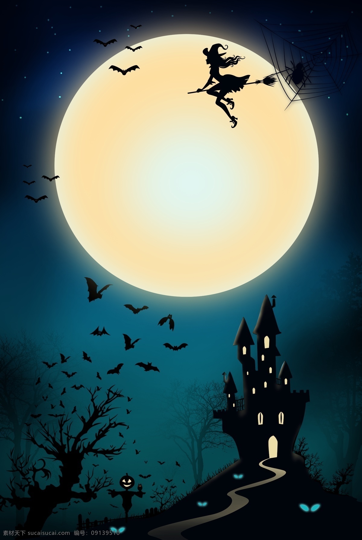 蓝色 手绘 黑夜 万圣节 背景 恐怖 城堡 月亮 插画背景 蝙蝠 万圣节背景 节日背景