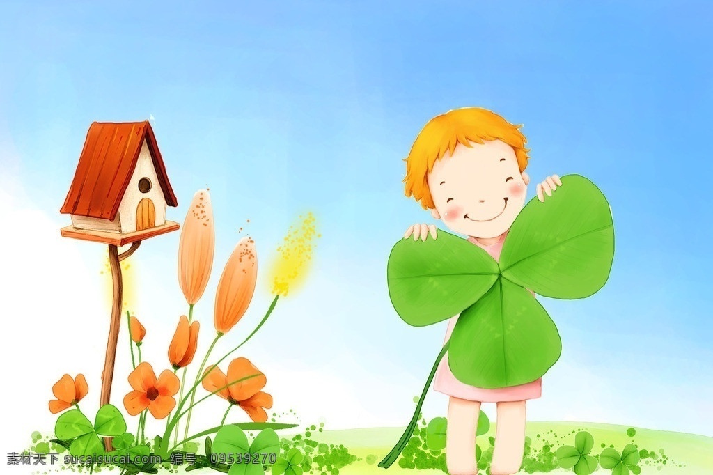 卡通儿童 卡通风格 背景 绿叶 花 小房子 分层 源文件