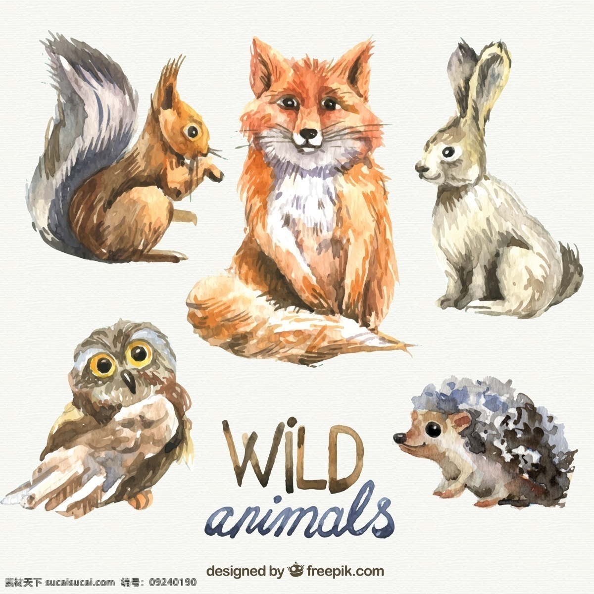 野生动物 矢量 手绘 动物 彩色 狐狸 猫头鹰 矢量素材 设计素材