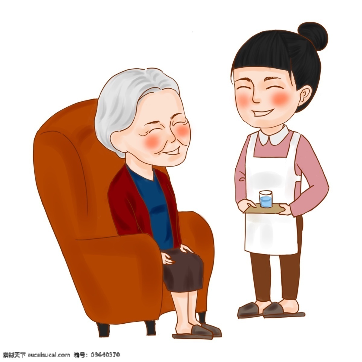 女儿 母亲 端 茶 倒水 卡通 插画 关爱老人 敬老爱老 尊老 尊敬长辈 尊敬老人 探望老人 探亲 回家团聚 全家聚餐 老人 一起 吃饭 孝顺老人
