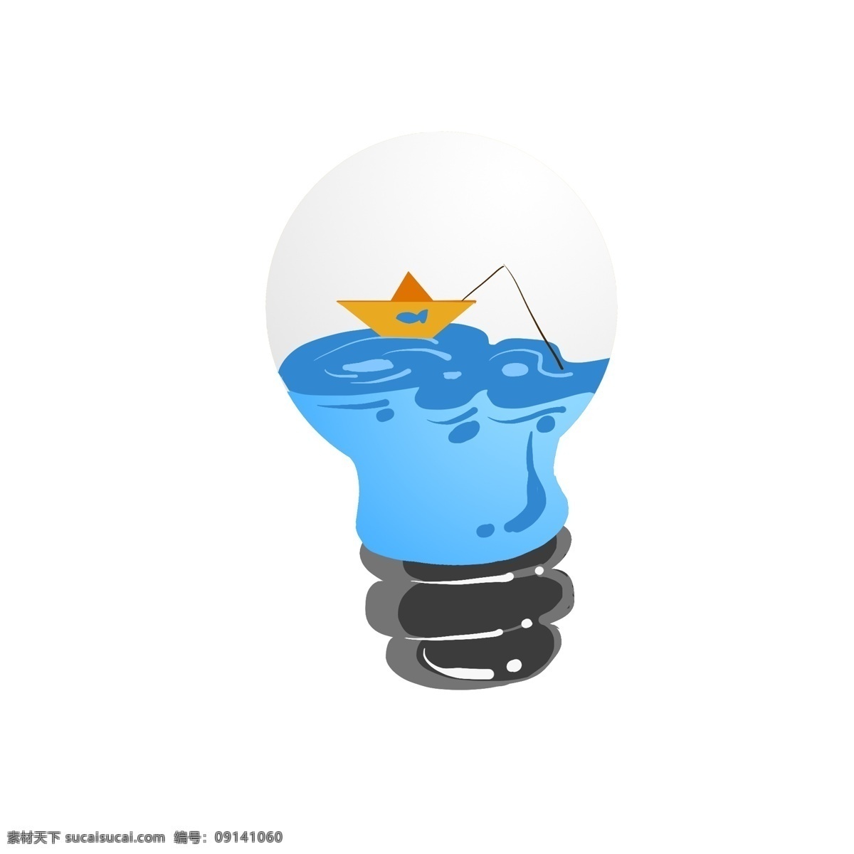海水 帆船 灯泡 插画 蓝色海水灯泡 海水灯泡 帆船灯泡 海洋灯泡 黄色小船 小船灯泡 船只