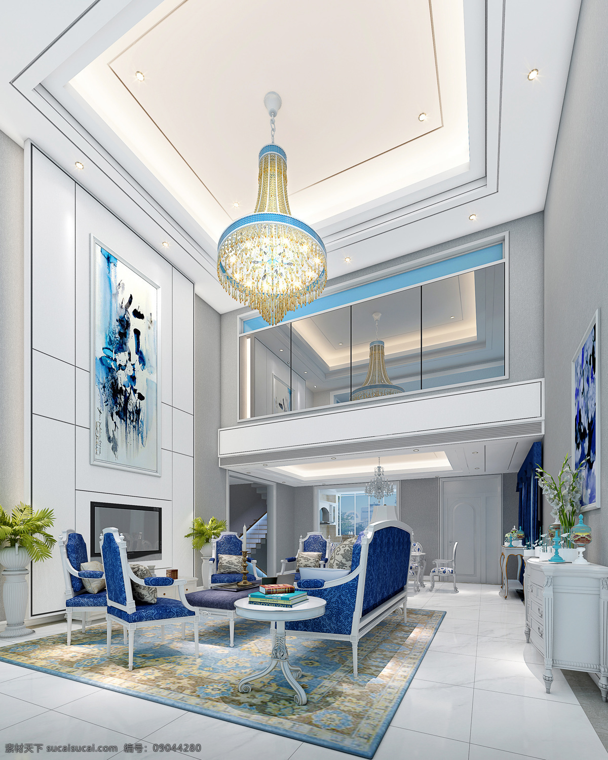 现代 时尚 客厅 深蓝色 餐椅 室内装修 效果图 蓝色餐椅 蓝色画作装饰 瓷砖地板 水晶吊灯