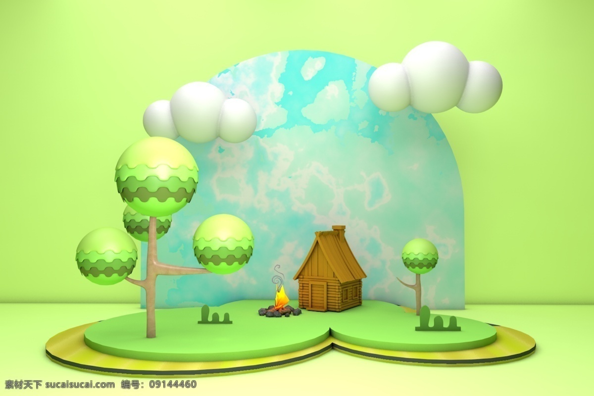 c4d 房子 小 场景 小房子 绿色场景 浅绿 木头房子 白云 渐变 绿树 分层