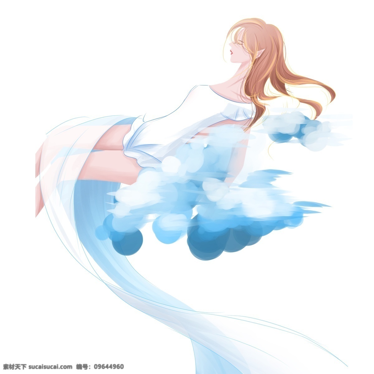 梦幻 唯美 睡 云端 上 女孩 手绘 蓝色 裙子 女生 创意设计