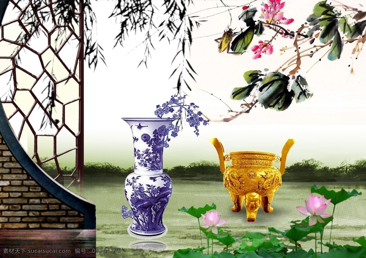 垂柳 古代建筑 广告设计模板 荷花 花瓶 金鼎 山 中国 风 模板下载 中国风素材 中国风 中国风元素 源文件 psd源文件