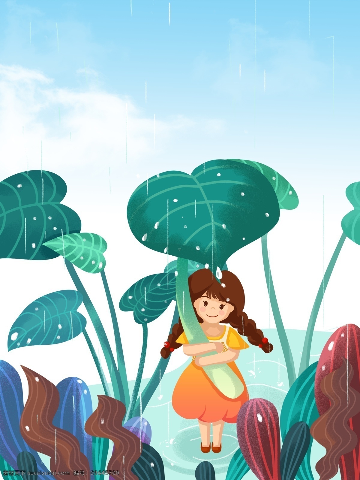 春季 雨水 热带 植物 背景 热带植物 女孩 土地 手绘 绿叶