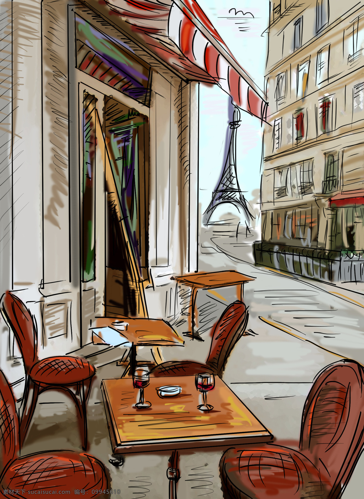 手绘 巴黎 风景 插画 巴黎风景插画 手绘风景 埃菲尔铁塔 巴黎街头风景 街道 城市风光 环境家居