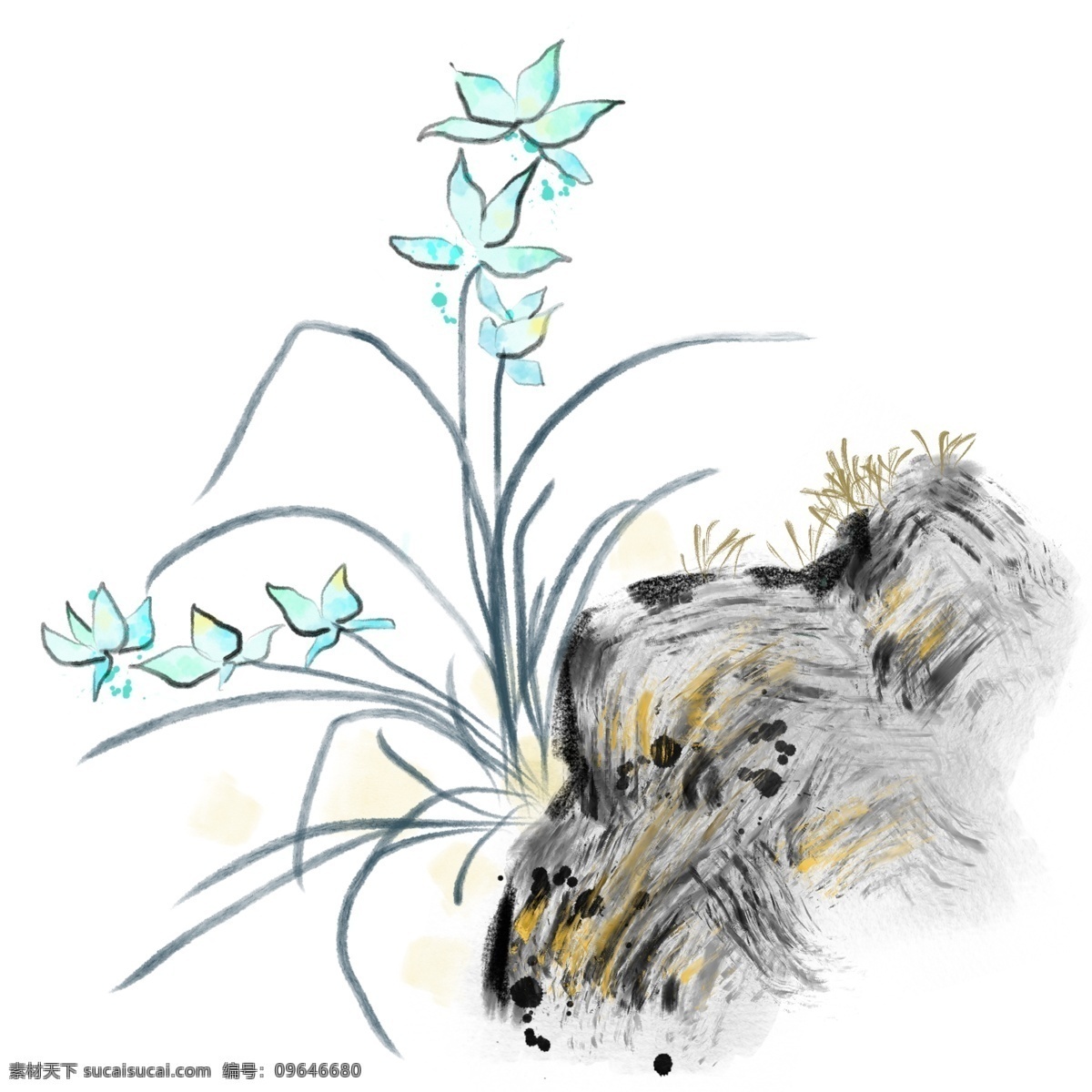 水墨 兰花 卡通 插画 蓝色的兰花 卡通插画 水墨插画 花朵插画 水墨花朵 中国风花朵 绽放的花朵