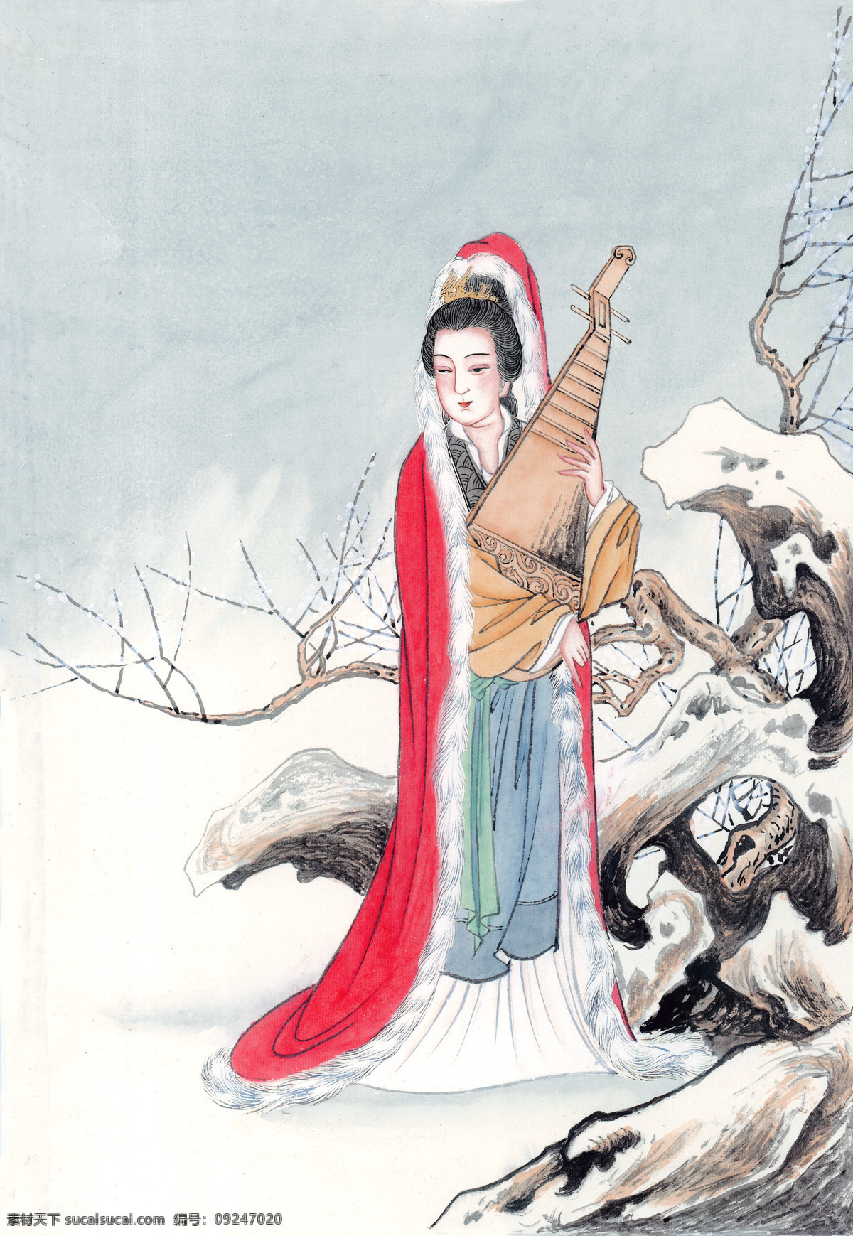 王昭君 国画 人物 绘画 书法 树 篮子 花 琵琶 美女 古树 四大美女 文化艺术 绘画书法 设计图库