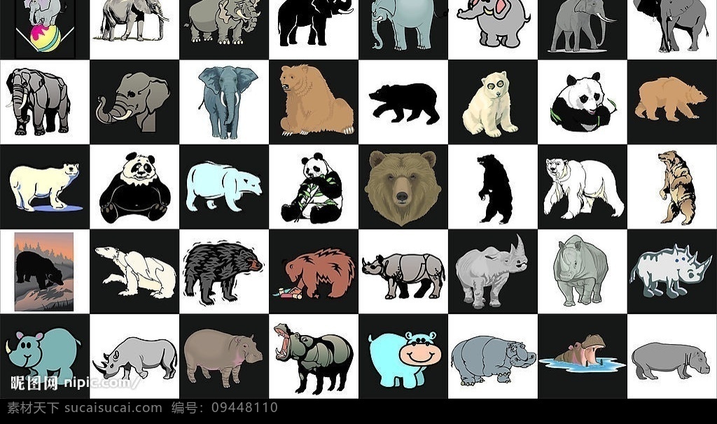 象熊犀牛河马 象 熊 犀牛 河马 生物世界 野生动物 动物 矢量图库