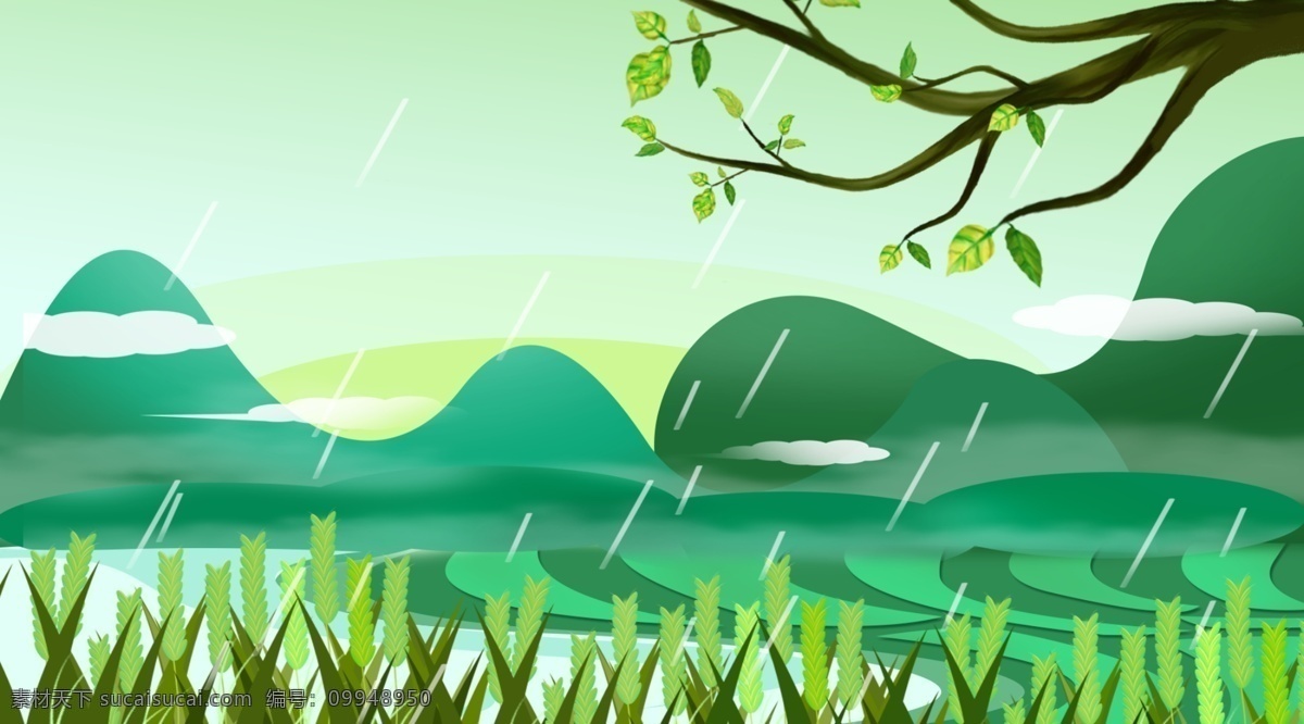 卡通 手绘 雨季 风景 插画 背景 森系 小清新背景 植物背景 植物花卉 水彩背景 通用背景 雨季风景