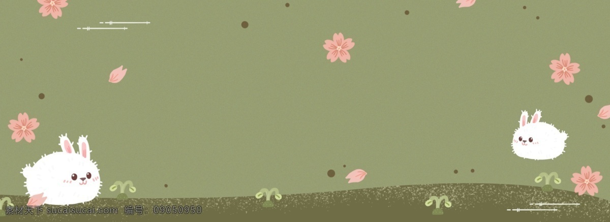 手绘 日式 小 兔子 背景 动物 樱花 花瓣 抹茶色