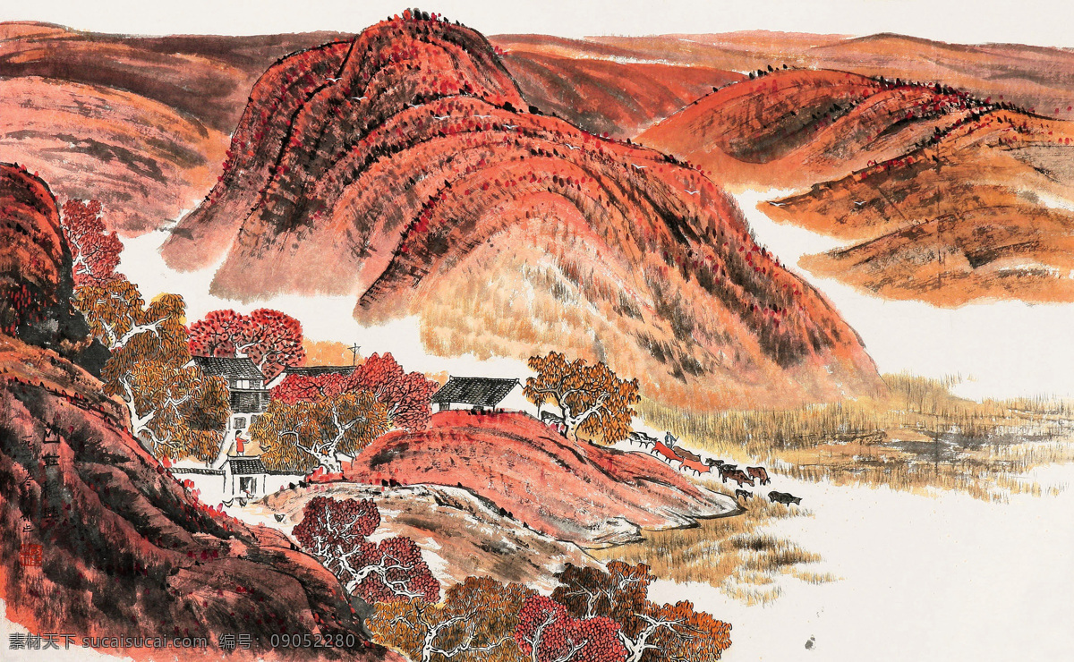 国画 绘画书法 农村 秋天 山村 山林 山庄 秋兴 设计素材 模板下载 山庄秋兴 方济众 黄土高原 长安画派 文化艺术 国画方济众