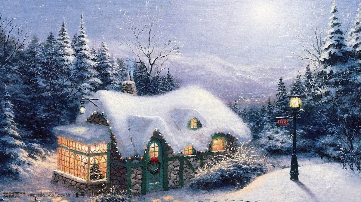 圣诞夜景油画 圣诞 白雪 小屋 油画 夜晚 自然景观 自然风光