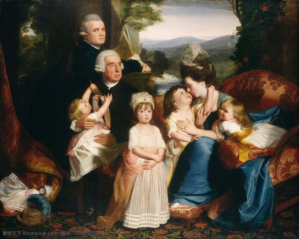 古典油画 绘画书法 文化艺术 油画 考普利一家 美国画家 约翰 辛格 尔顿 考 普利 父亲老考普利 妻子 四个子女 18世纪 家居装饰素材