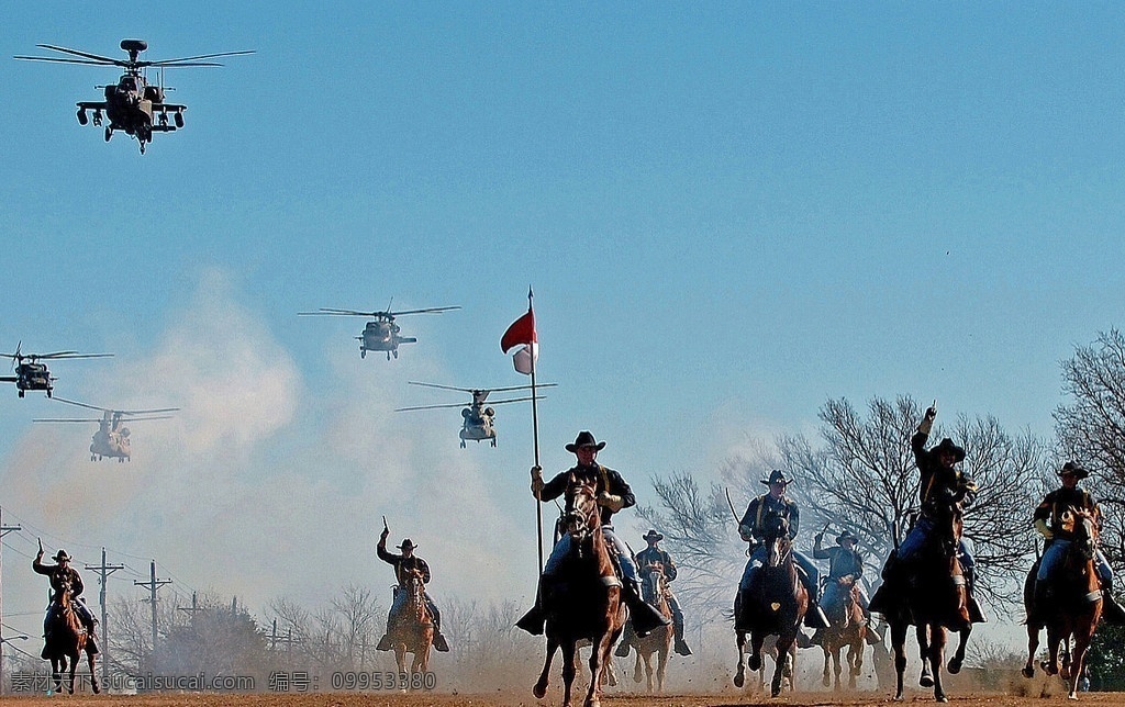 美军 骑兵 师 空 骑 联合 演练 军事演习 骑一师 士兵 全副武装 武器 装备 战马 马刀 旗帜 天空 直升机 军事武器 现代科技
