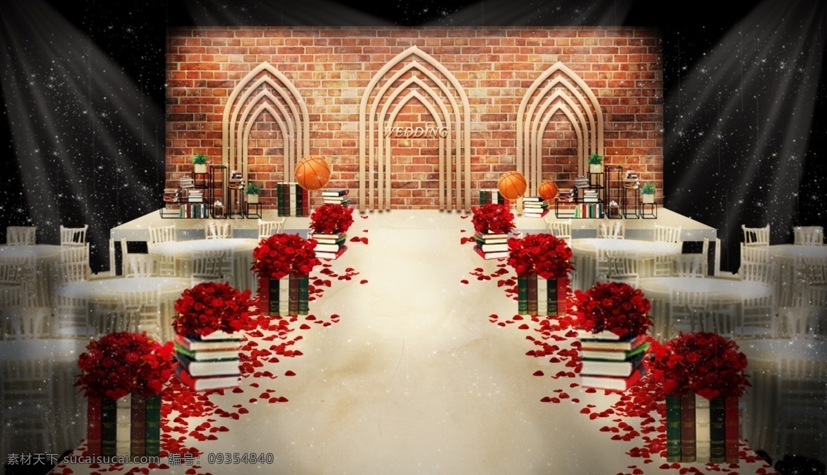 校 园主 背景 婚礼 效果图 校园 砖墙 篮球 红花 书