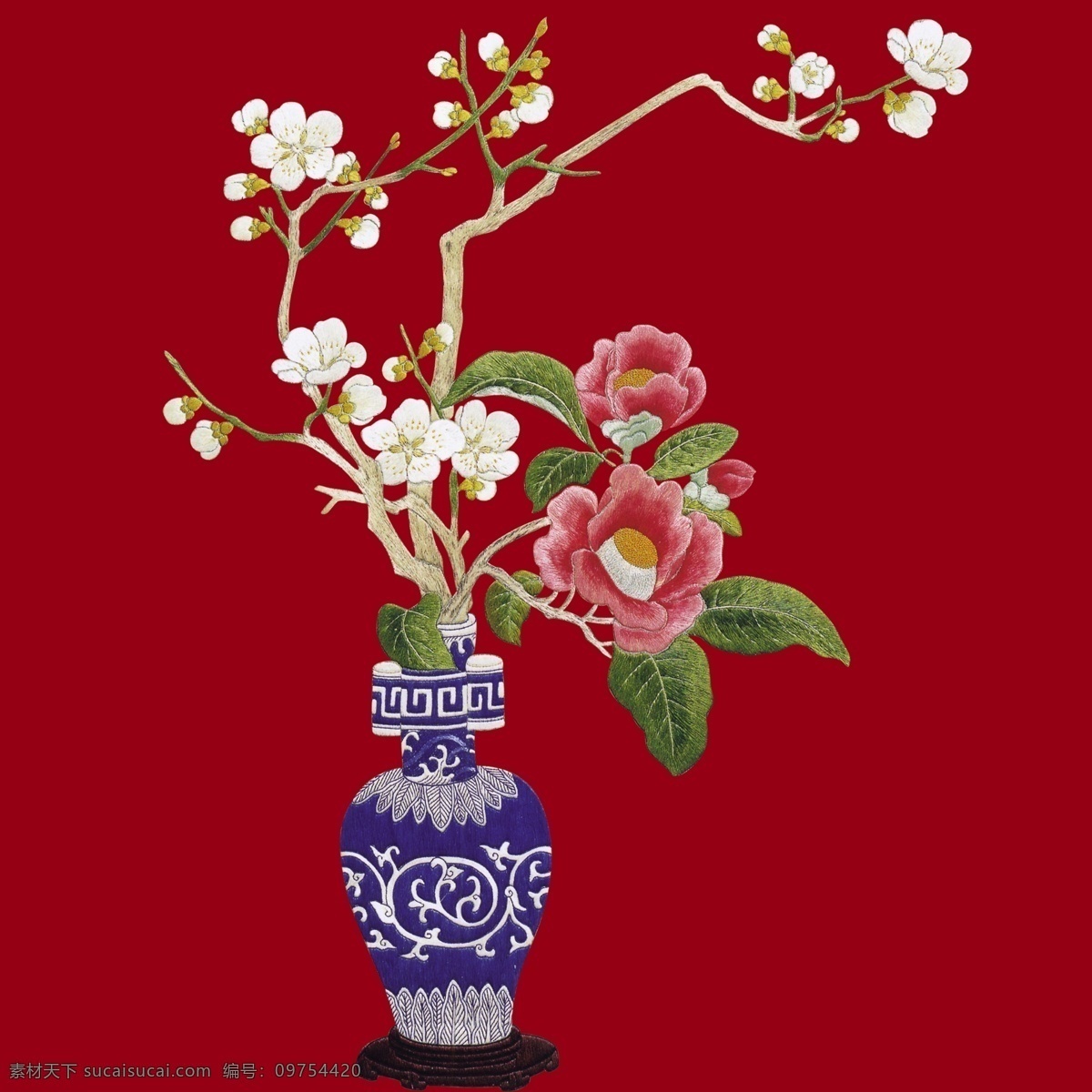 古典素材 中国古典 中国风素材 花瓶 青花瓷 花束 梨花 桃花 花朵 红色 源文件 分层