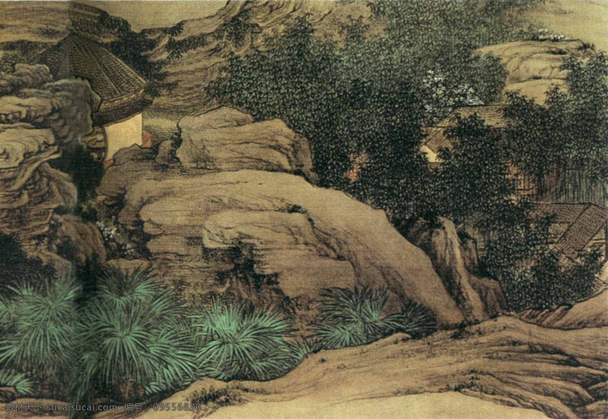 国画 国画艺术 中国风 文化画 中国画 水墨画 树 树林 草 山坡 房屋 水墨 绘画书法 文化艺术