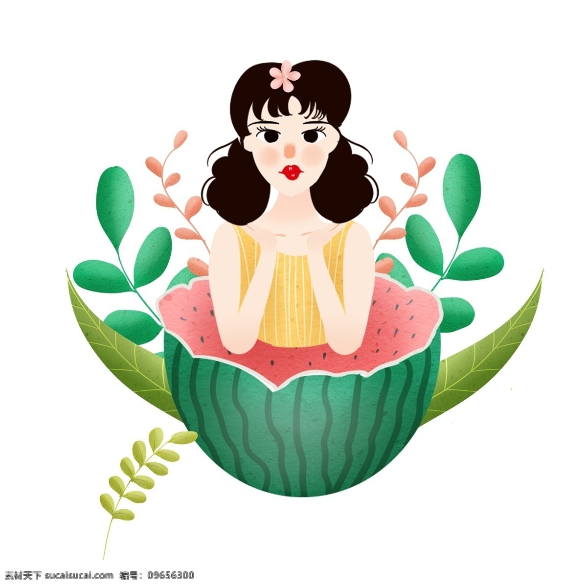 可爱 西瓜 少女 装饰 元素 清新 植物 食物 水果 装饰元素 树叶