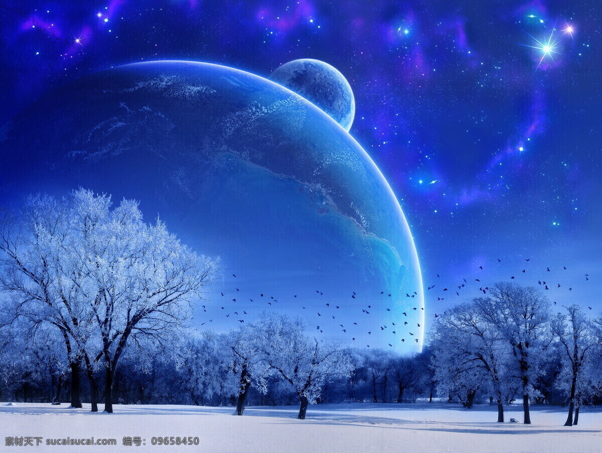 蓝色星球 雪地 星空 蓝色