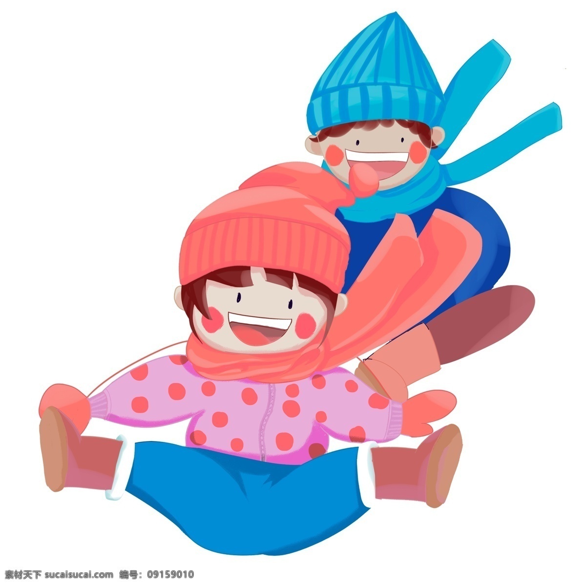 卡通 手绘 女孩 男孩 一起 滑雪 冬季 人物 插画 玩耍