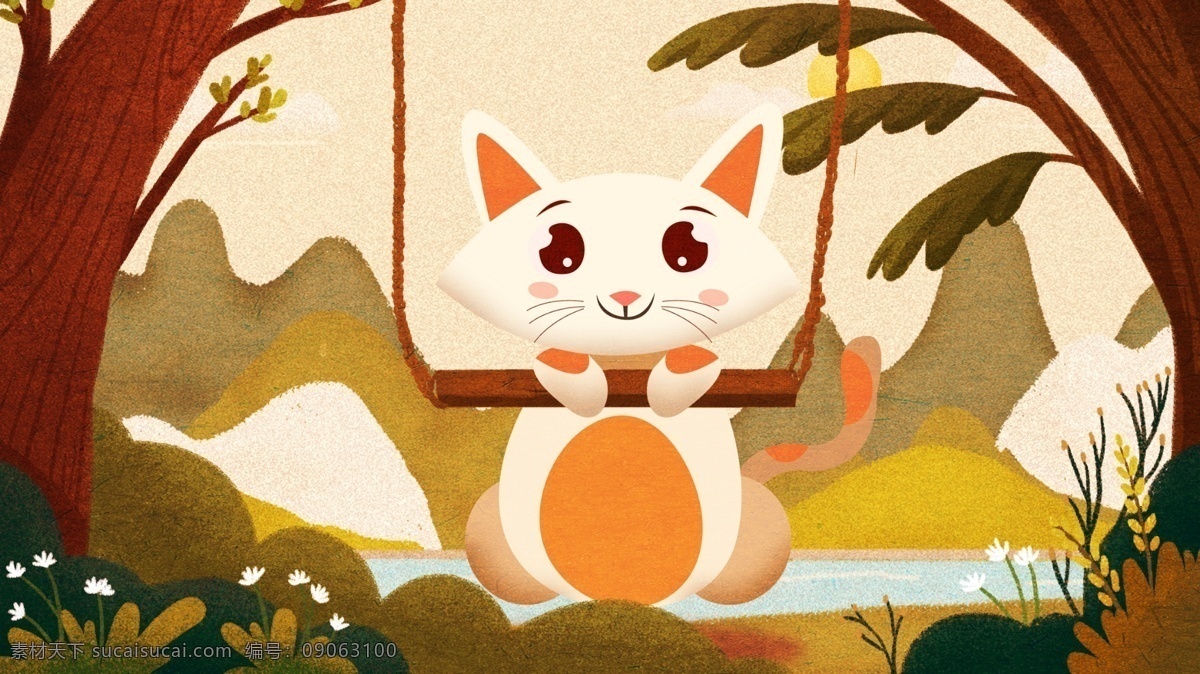 原创 插画 萌 宠 系列 猫 荡秋千 猫咪 卡通猫 宠物 萌宠系列 猫荡秋千 秋千 宠物猫 猫咪插画 插画海报