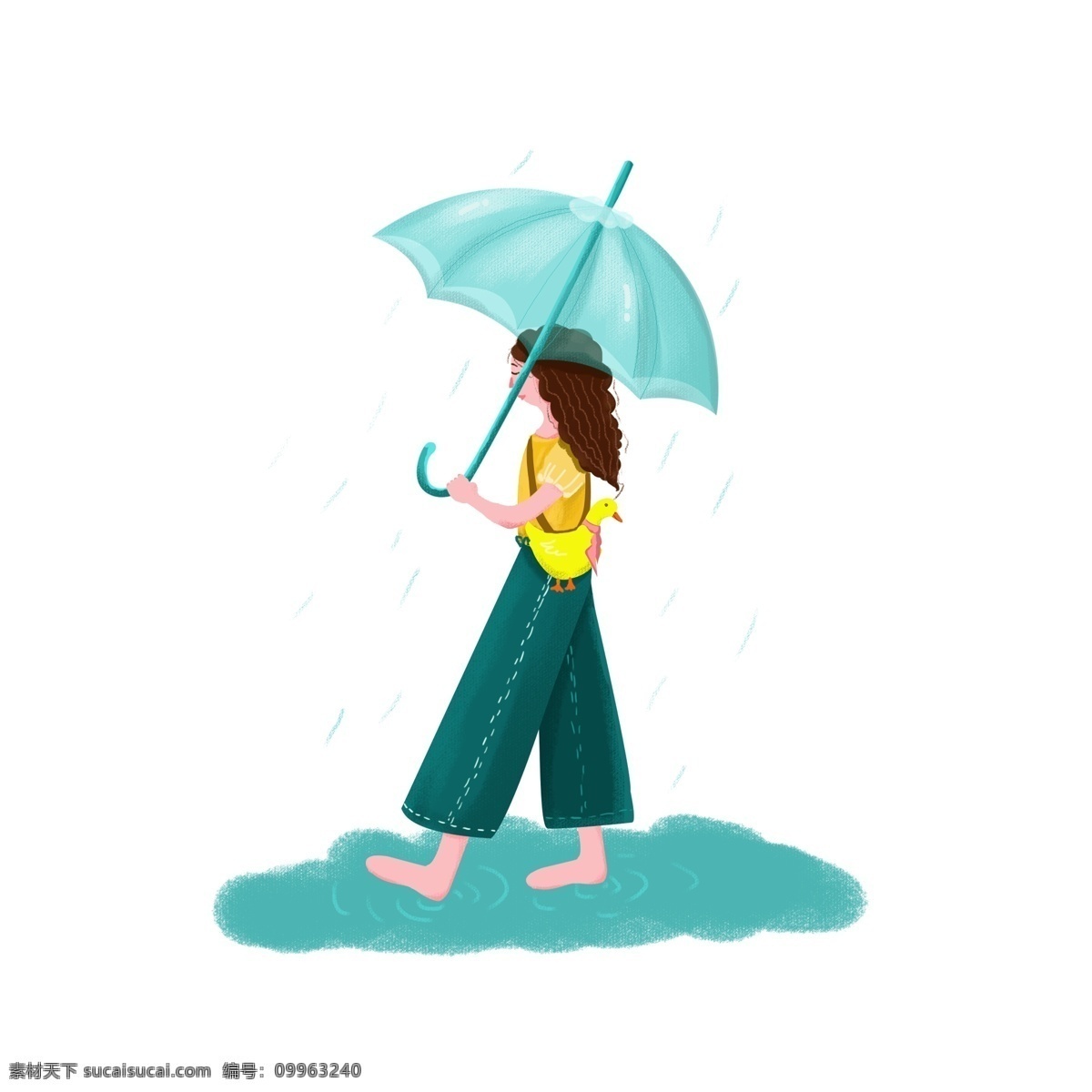 雨天 雨伞 女孩 打伞 手绘 风 人物 元素 雨水 打伞女孩 绿色 唯美治愈 手绘风 人物元素