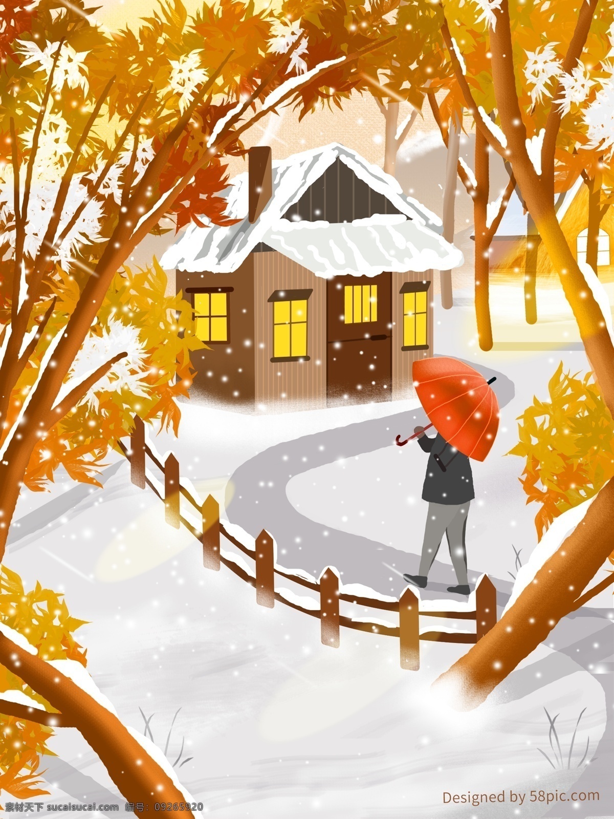 原创 冬季 室外 下雪 风景 插画 树林 雪景 唯美 房屋 散步