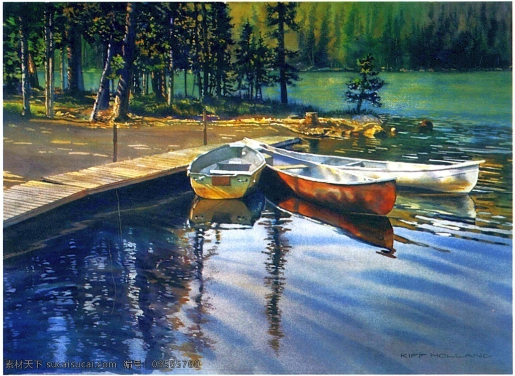 河流 森林 风景 装饰画 树木 植物 彩绘